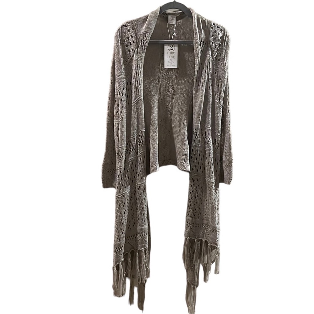 NEW boutique tan crocheted BoHo fringed duster, front festival cardigan